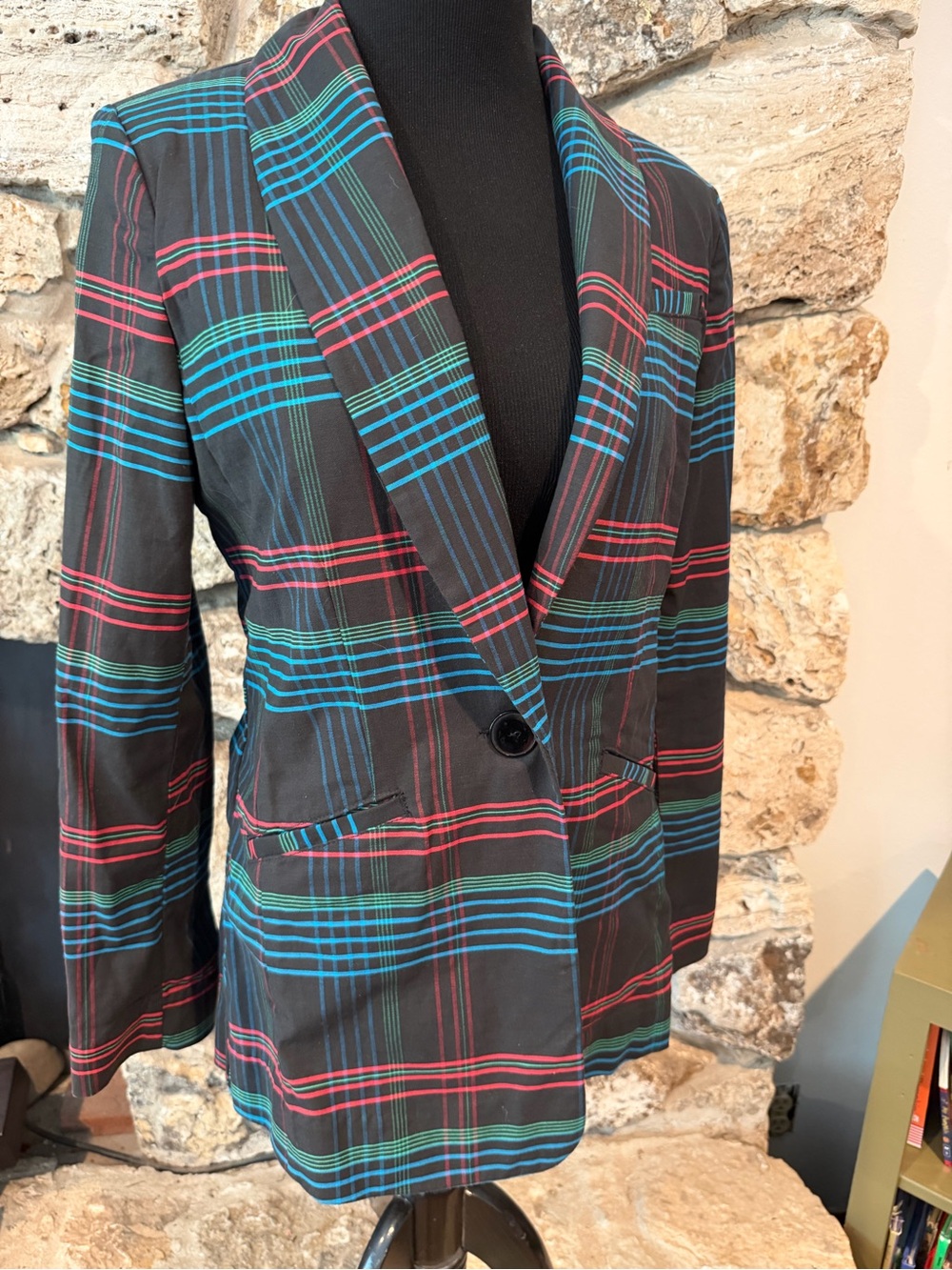 CAbi Holiday Plaid Black Red Blue Green Long Sleeve Blazer Jacket  Sz M